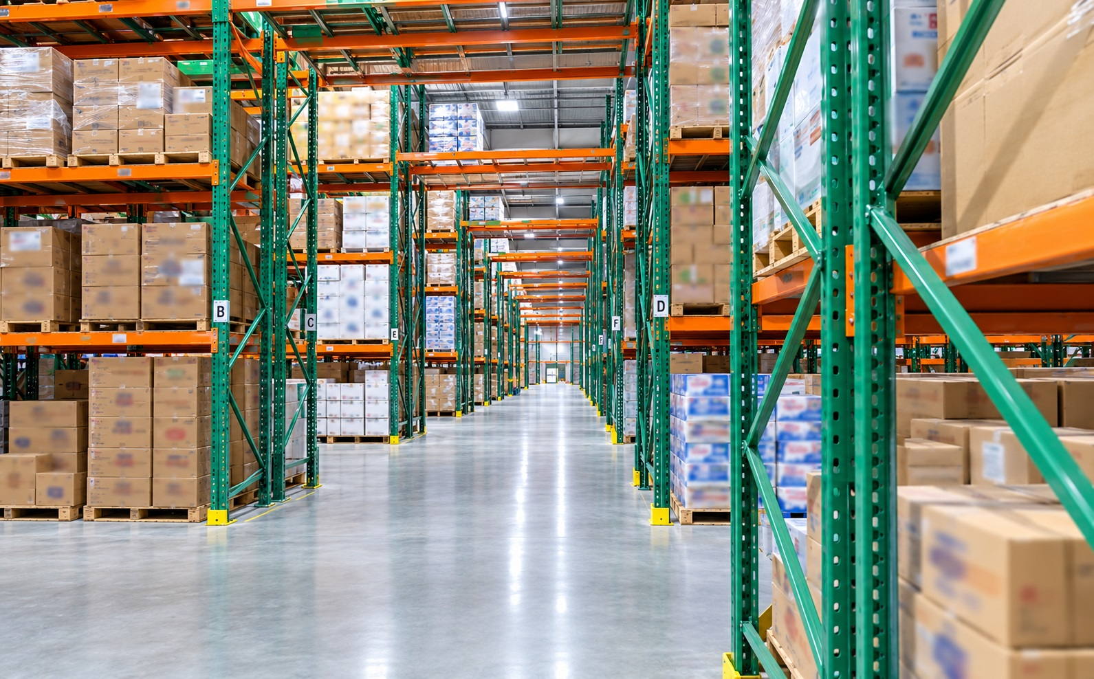 A long racking aisle with a member of staff in the distance