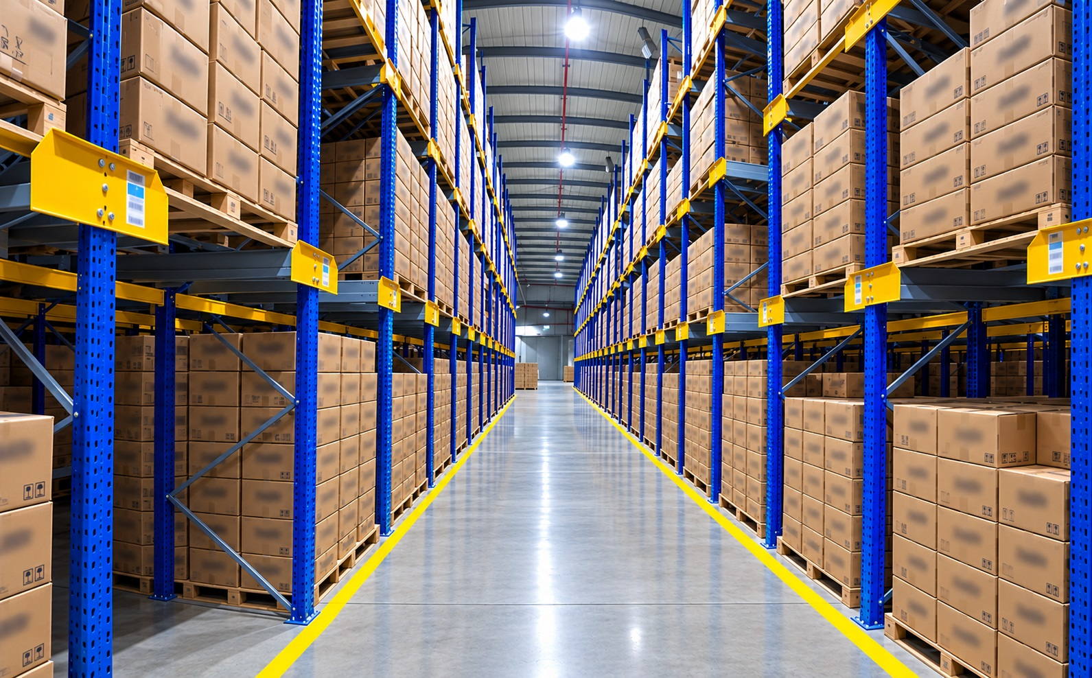 A racking aisle of labelled pallets