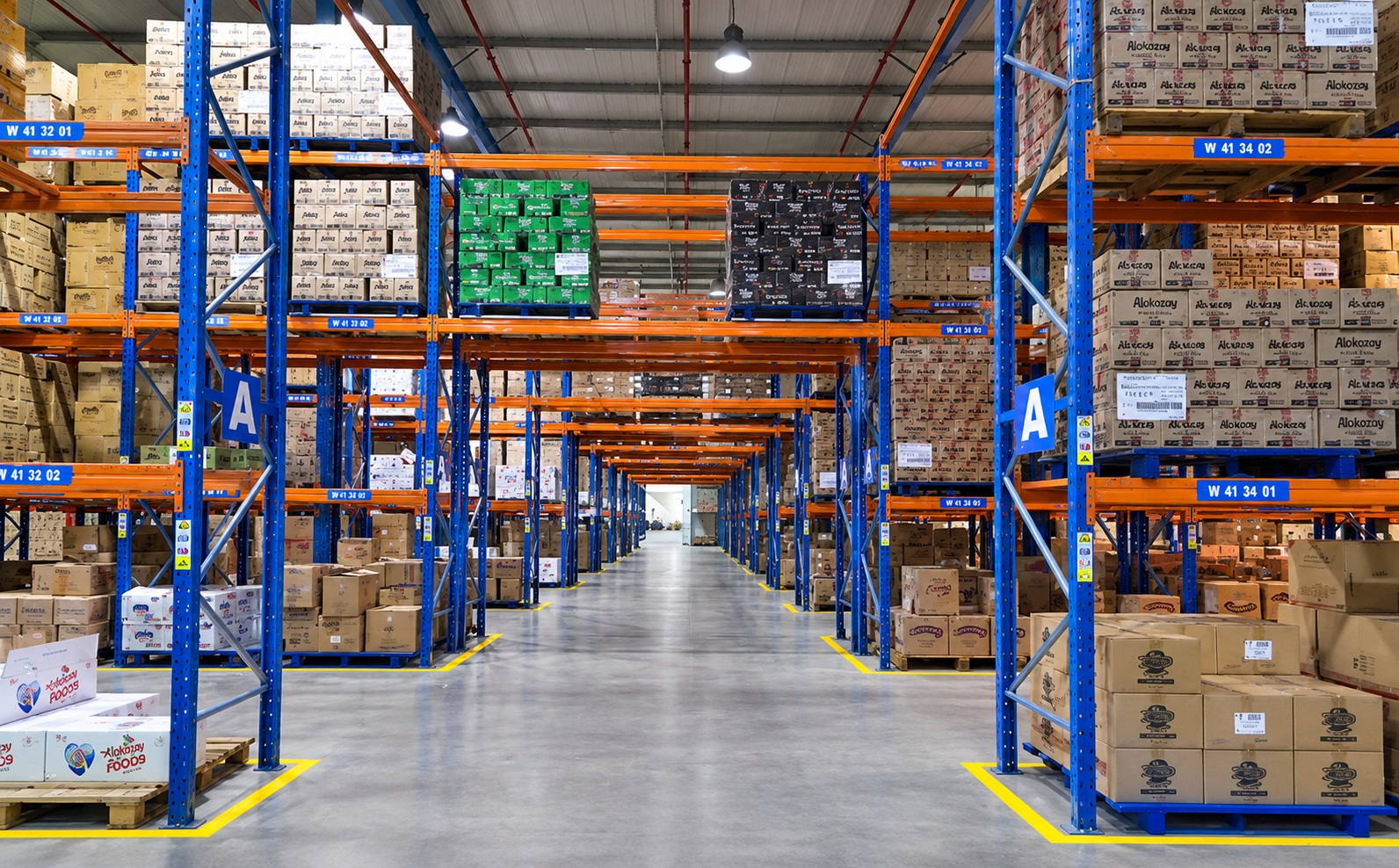 High-bay racking with labelled pallet locations in the Sweet Garden warehouse