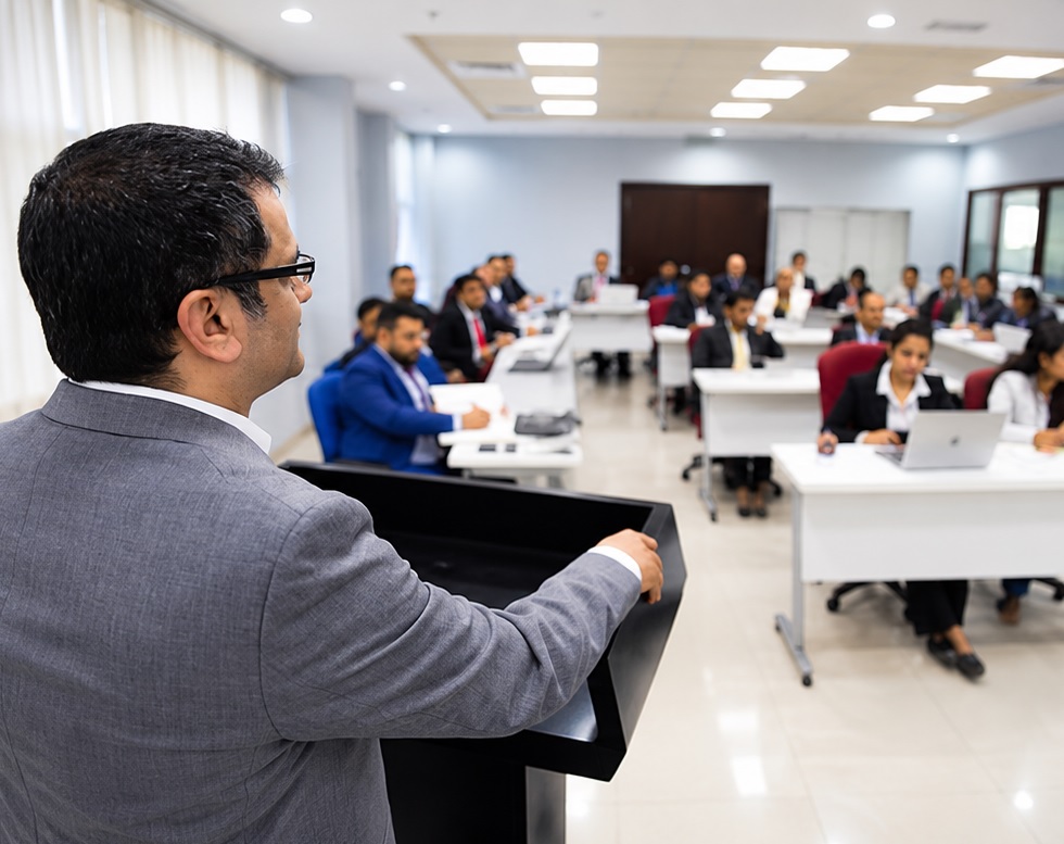 Staff attending a presentation in the training room