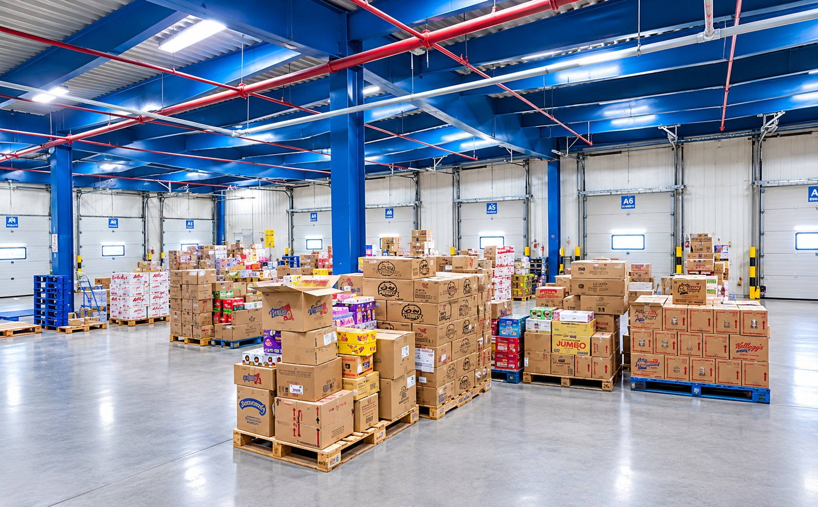 Warehouse staff in hi-vis vests assembling orders among product cartons